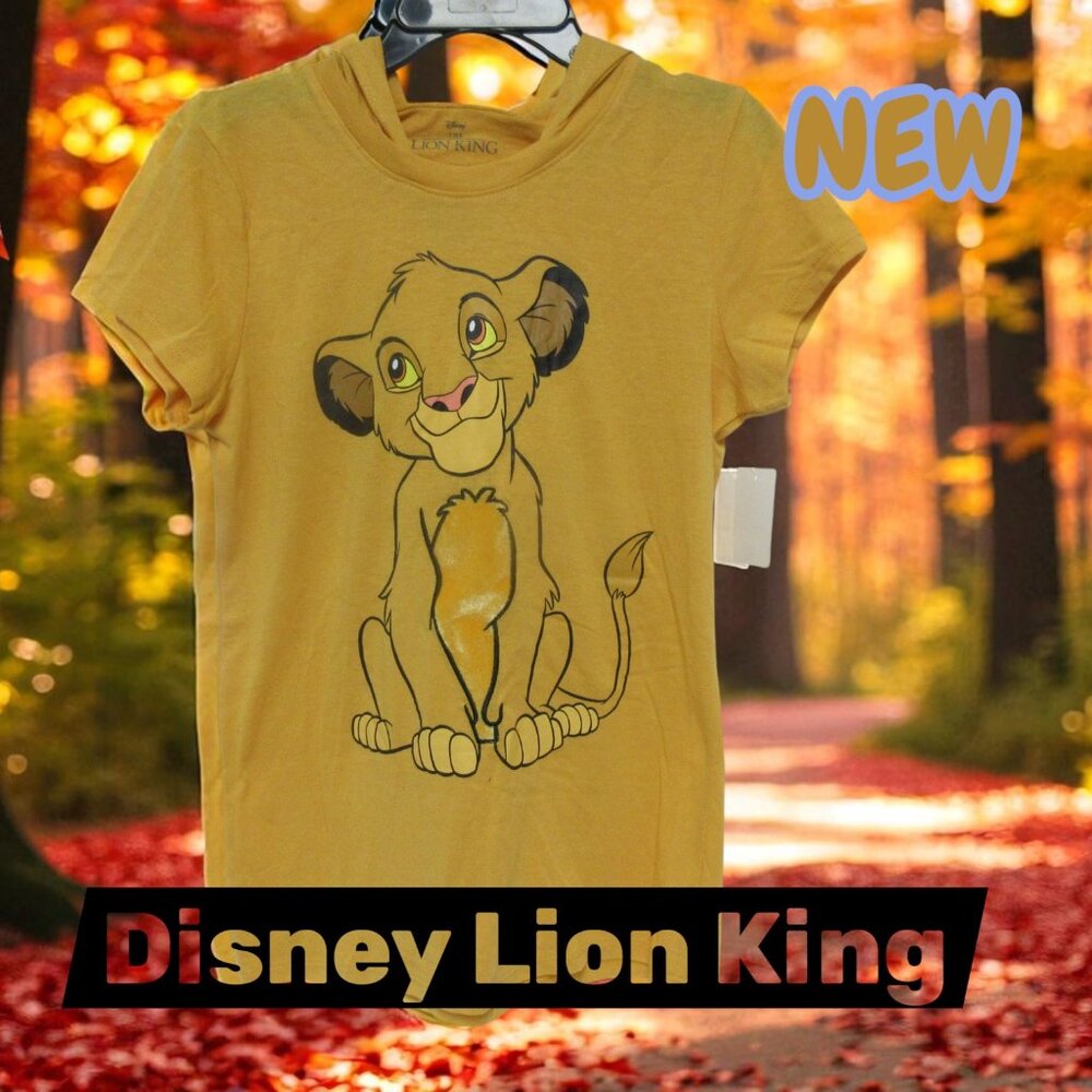 Disney Lions King Shirt Juniors sz 7/9 Yellow Simba Graphic Hooded Short Sleeve